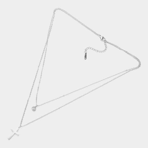 Silver Double Cross Bezel Pendant Layered Chain Necklace Stainless Steel Metal - Picture 3 of 3